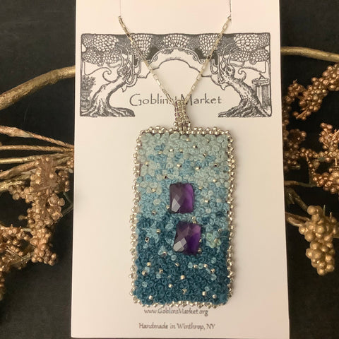 Amethyst & Blue Embroidered Pendant