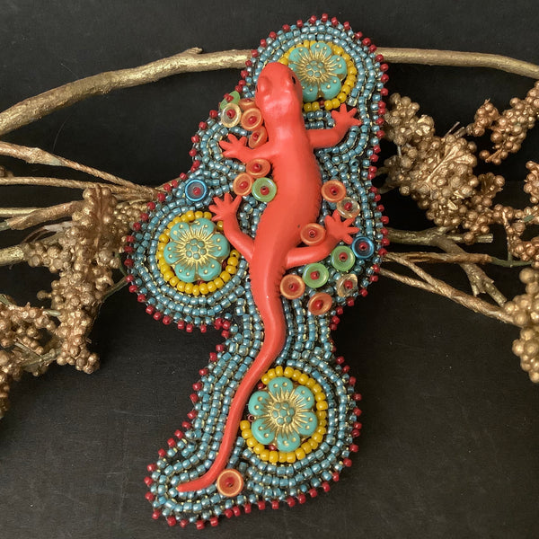 Red Eft Bead Embroidered Pin Salamander & Czech Glass