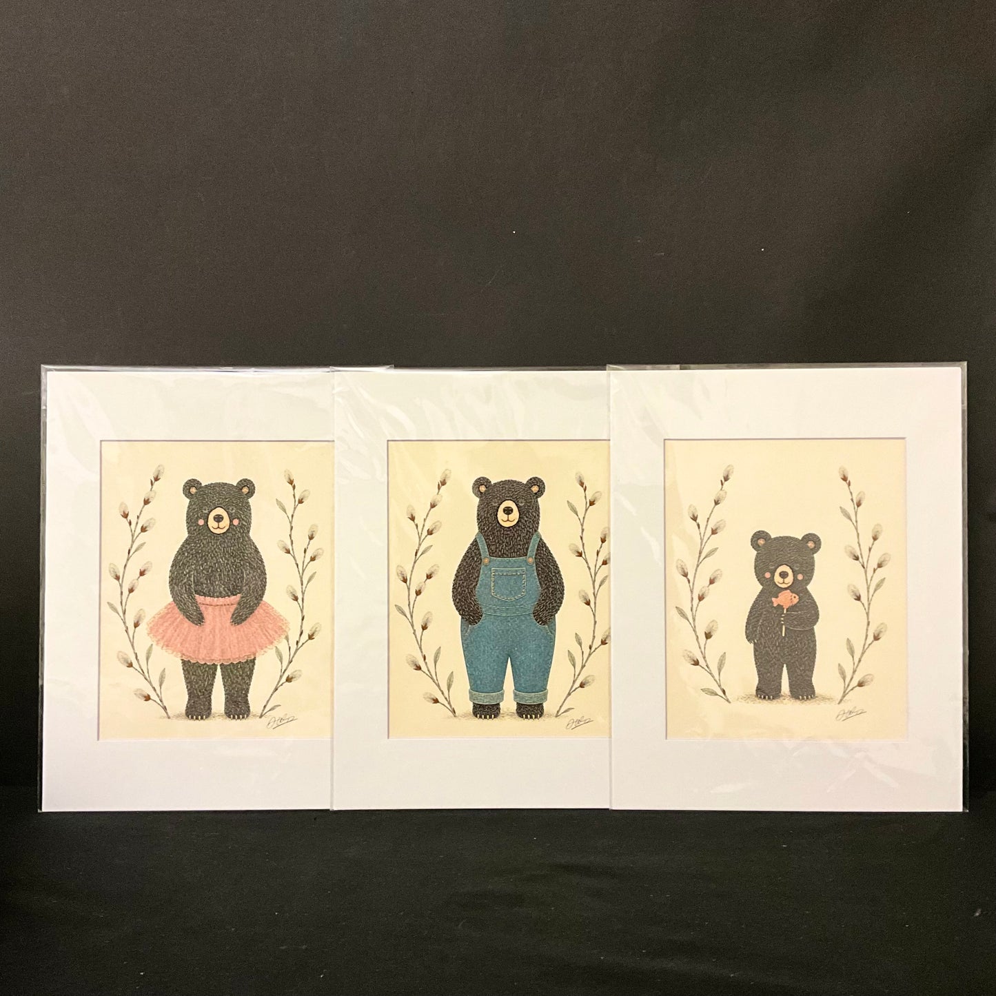 Among the Willows  Mama, Papa and Baby Bear Prints Set of 3
