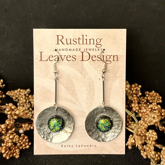Hammered Silver Disc Earrings with Green Resin Bead