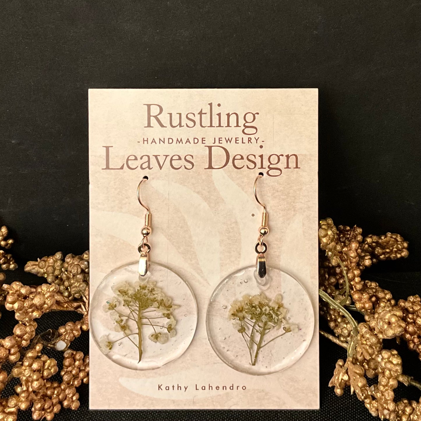 White Floral Botanical Clear Resin Disc Earrings
