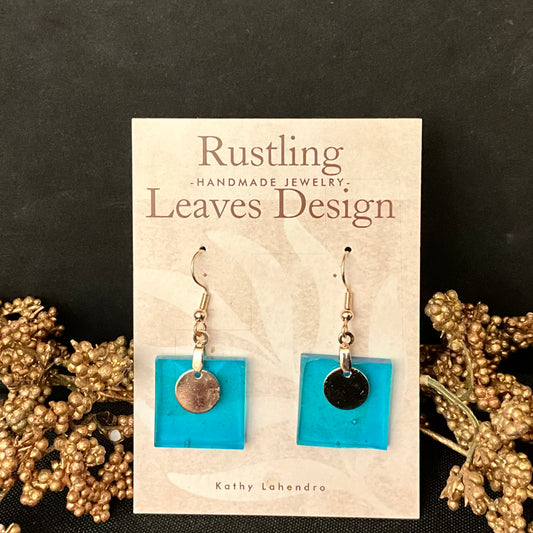 Teal Resin Square with Silver Disc Earrings