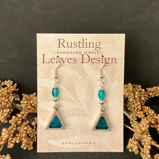 Teal Bead and Blue Triangle Silver Earrings