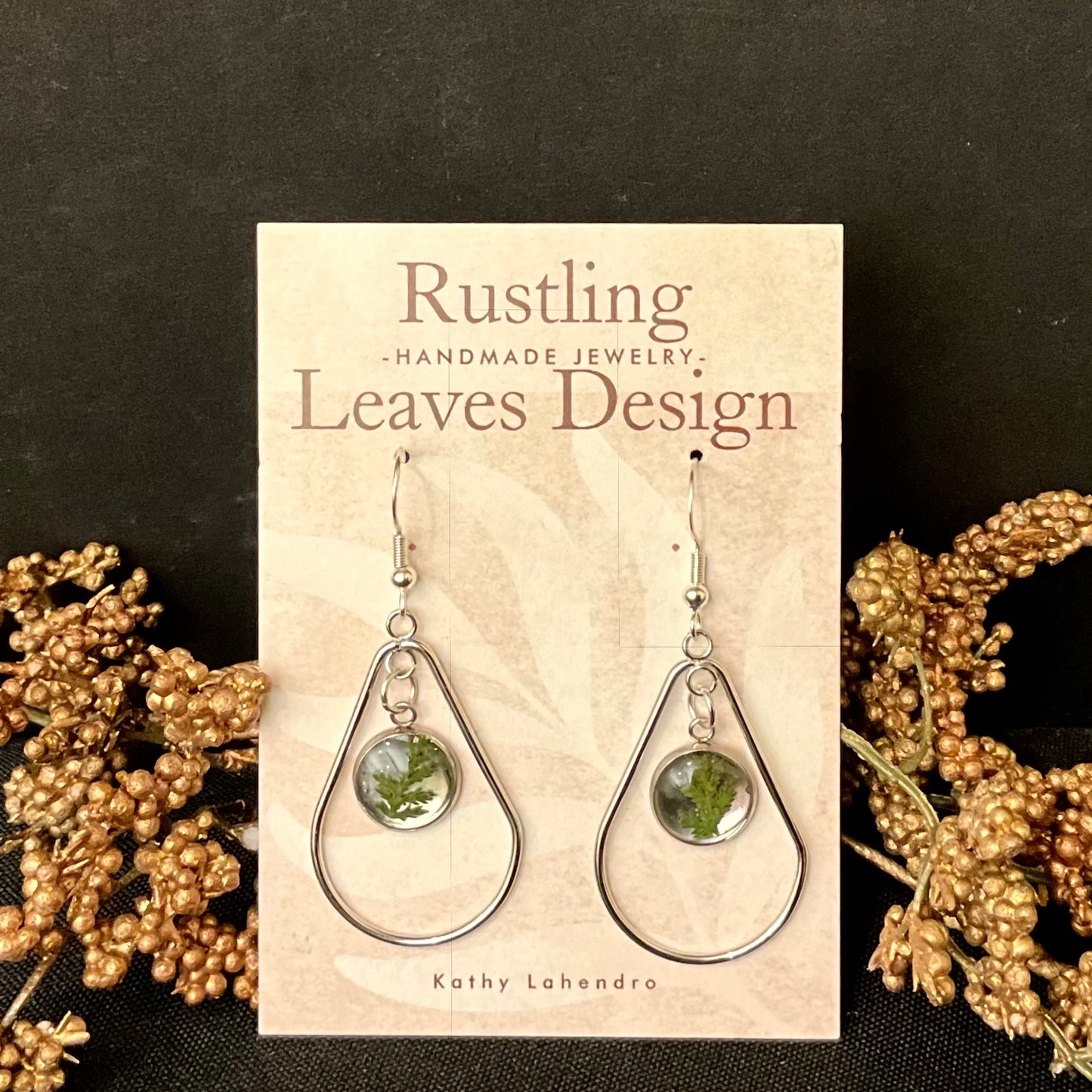 Silver Teardrop Earrings with Fern Resin Bead