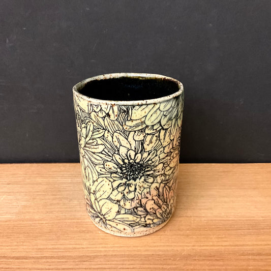 Tumbler with Muted Red Green  Chrysanthemum design with Black Interior