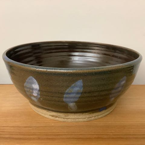 Dark Olive Bowl w Brown Interior& Blue Flowers