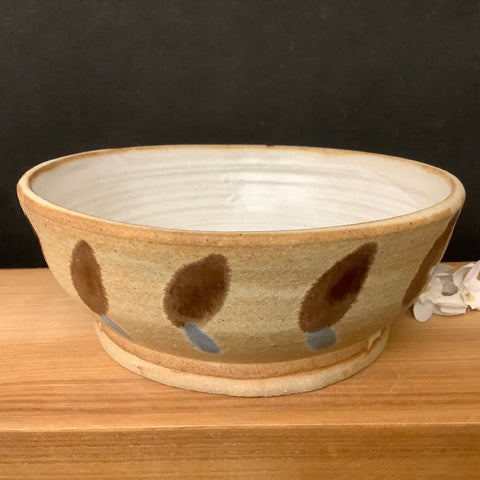 Tan Bowl w Blue & Brown Flowers