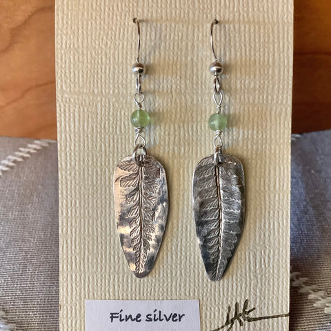 Earrings Fine Silver Fern Leaf w Peridot