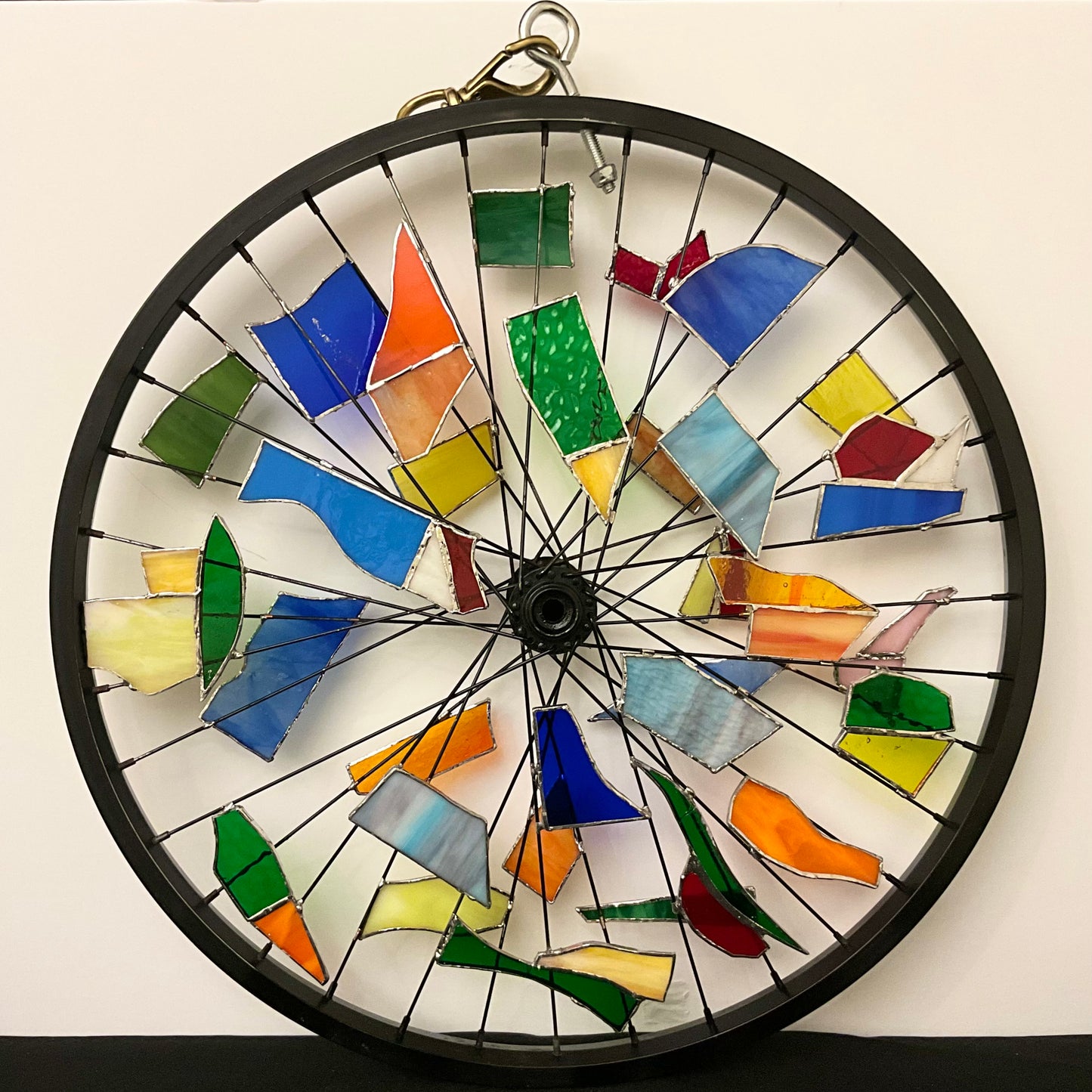 Bicycle Wheel Stained Glass Garden Hanger