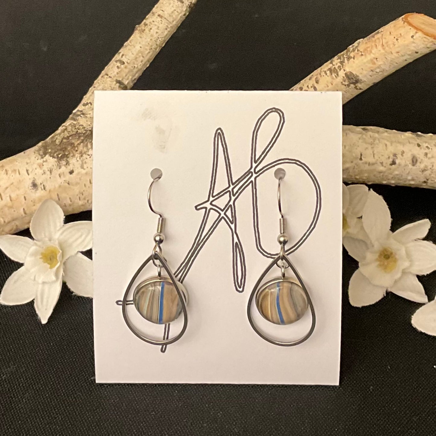 Silver Teardrop Earrings with Brown and Blue Disc