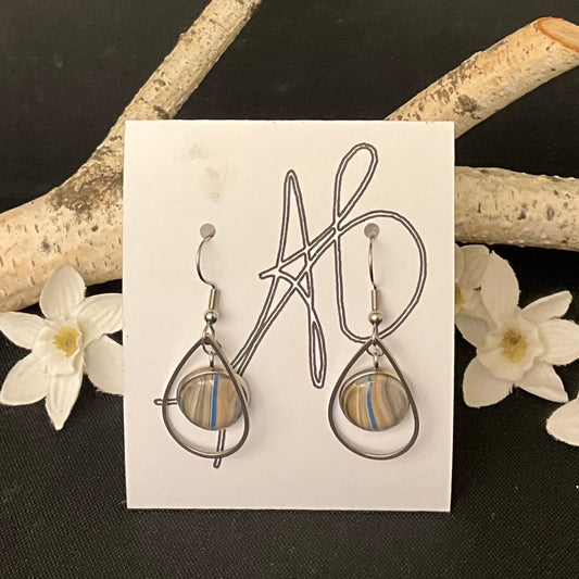 Silver Teardrop Earrings with Brown and Blue Disc