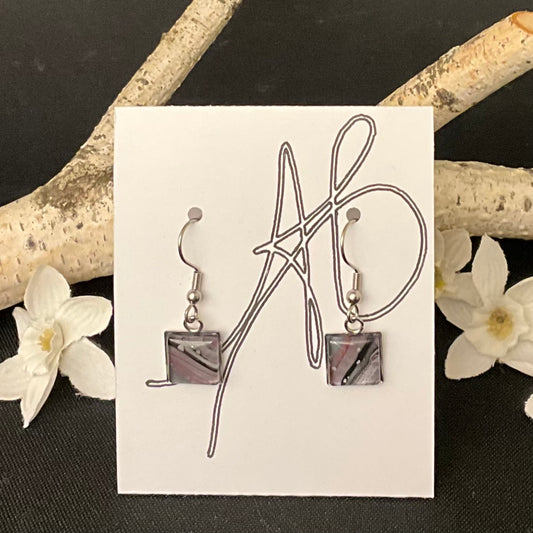 Small Square Silver Earrings in Silver, Burgundy, and Black