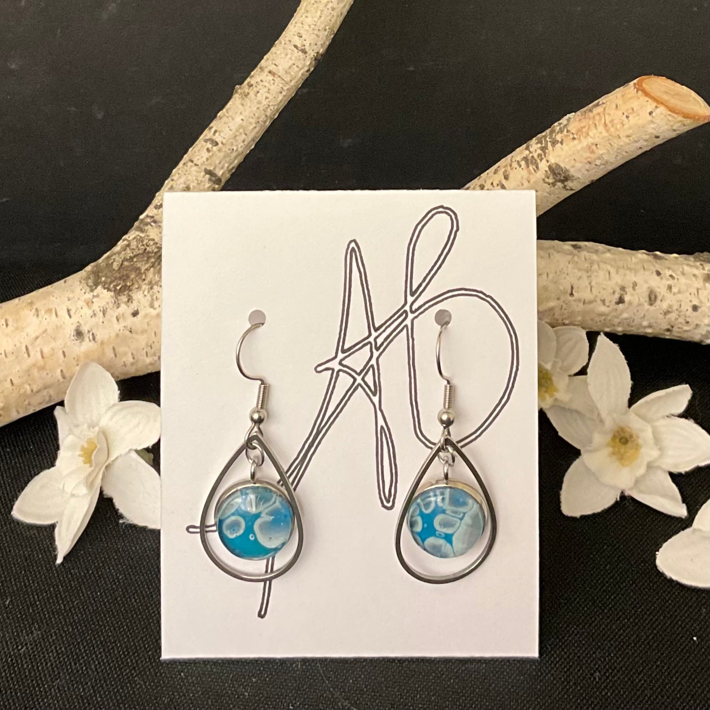 Silver Teardrop Earrings with Aqua Blue Disc w/ Pale Spots