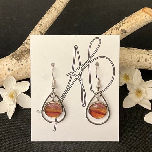 Silver Teardrop Earrings with Burgundy, Gold, and Dark Red Disc
