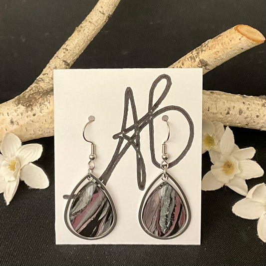 Large Silver Teardrop Earrings in Black with Silver and Burgundy Veining