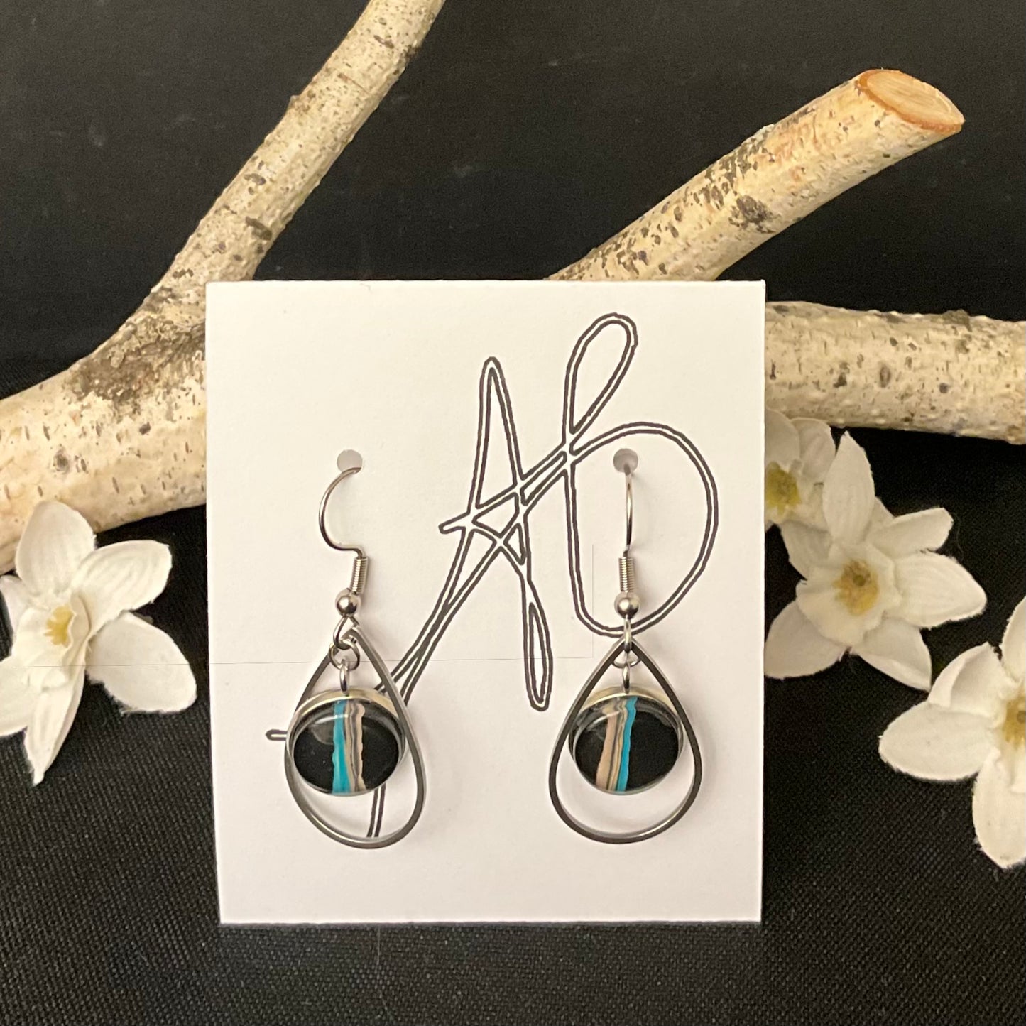 Silver Teardrop Earrings with Black Disc w/ Turquoise and Cream Veining