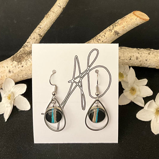 Silver Teardrop Earrings with Black Disc w/ Turquoise and Cream Veining