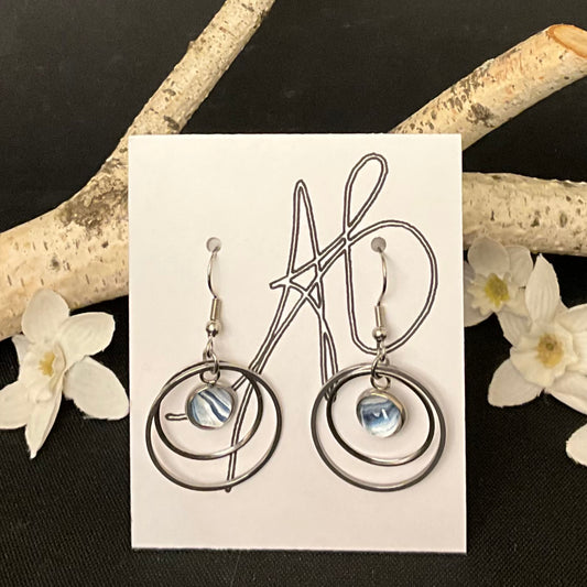 Silver Double Hoop Earrings with Small Dark Blue and White Disc