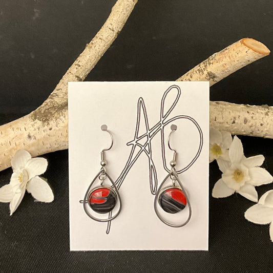 Silver Teardrop Earrings with Black and Red Disc