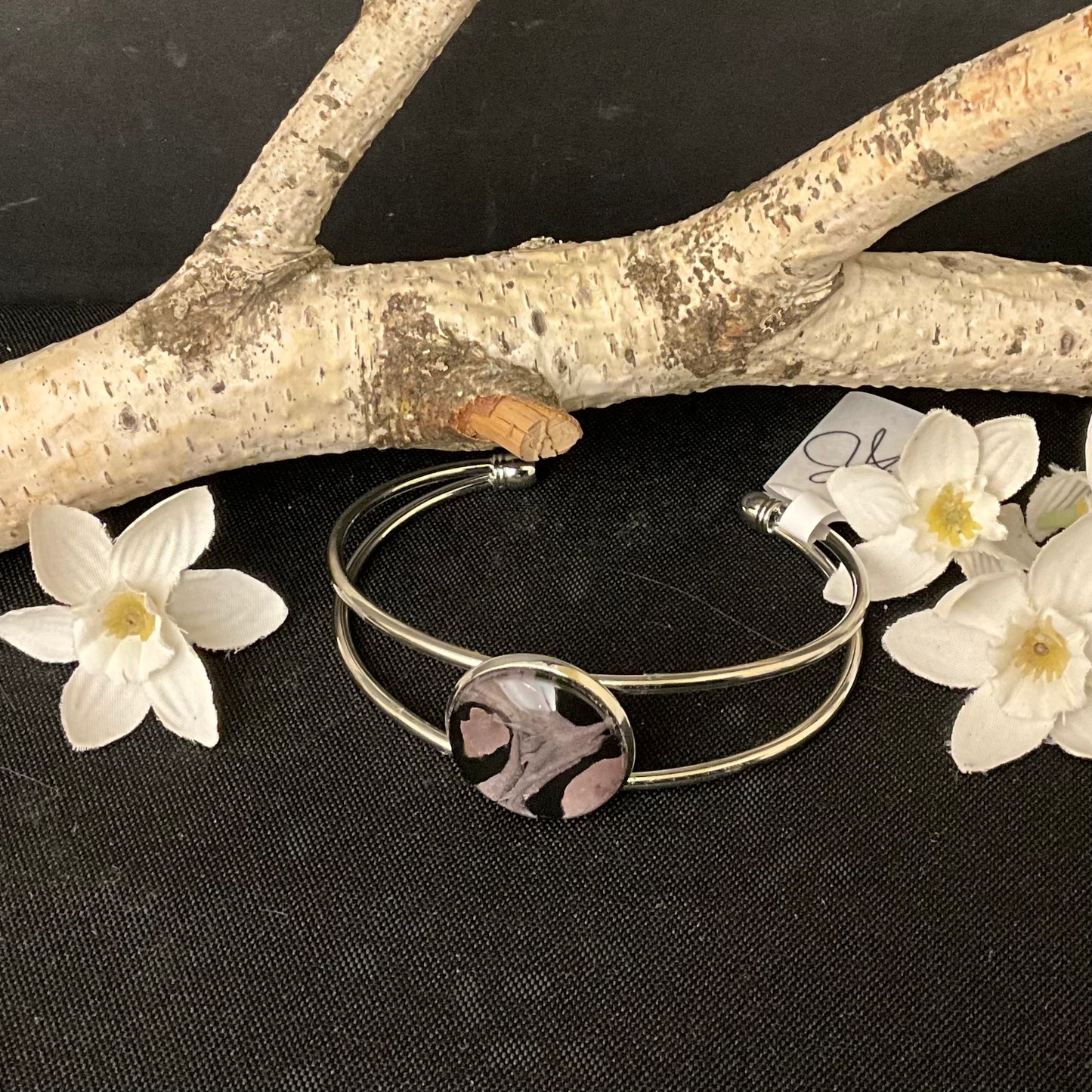 Silver Bracelet with Small Black, Silver, and Lavender Disc