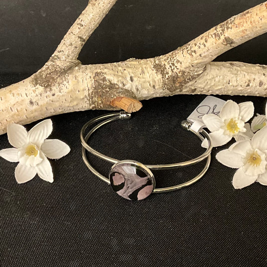 Silver Bracelet with Small Black, Silver, and Lavender Disc