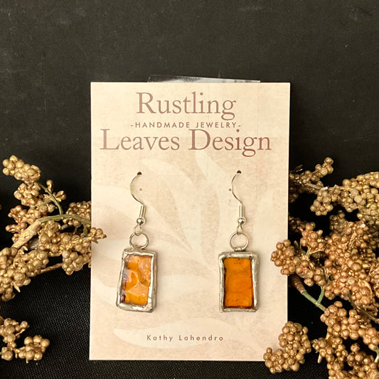 Orange Resin Rectangle Pewter Earrings
