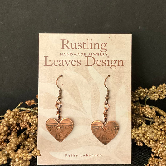 Heart Shaped Floral Stamped Copper Earrings