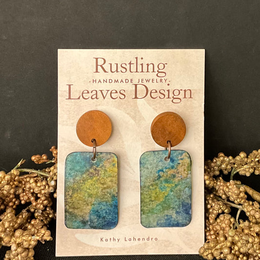 Wood Post with Blue Green  Rectangle Earrings