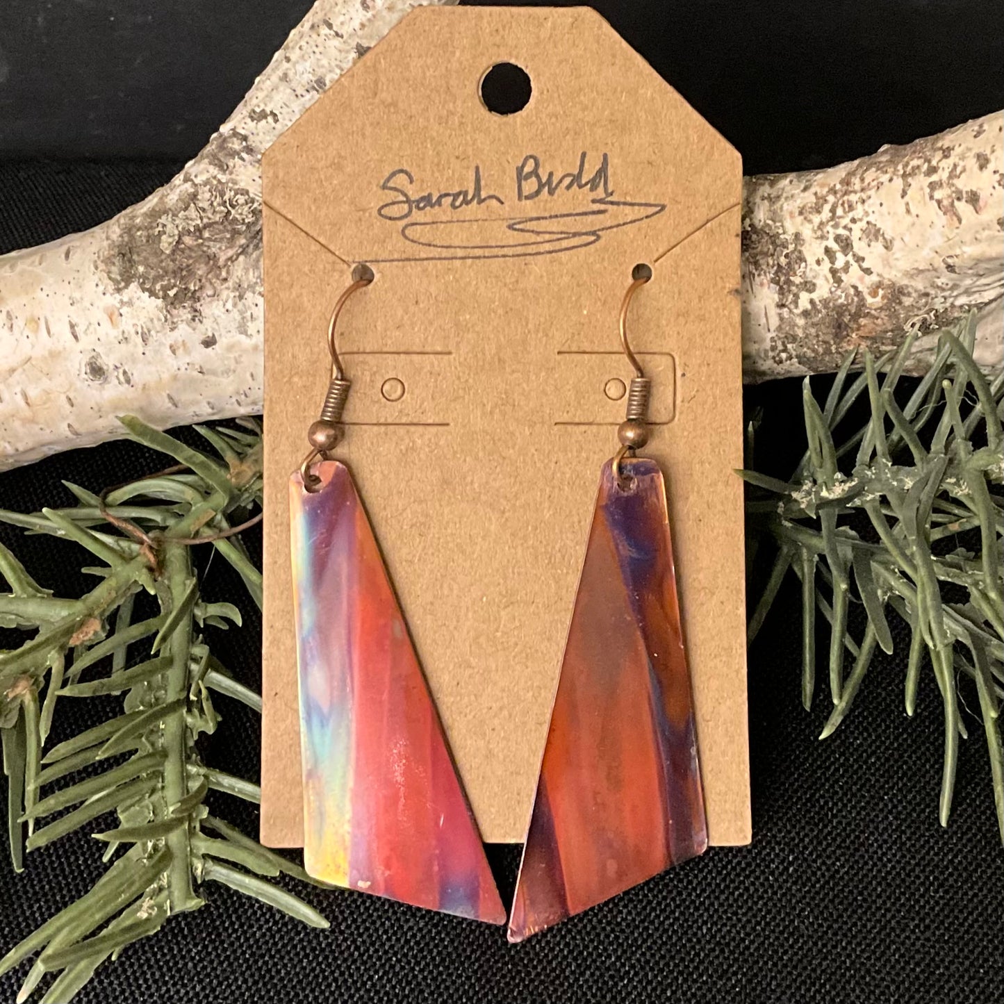 Flame Painted Copper Asymmetrical Triangle Earrings