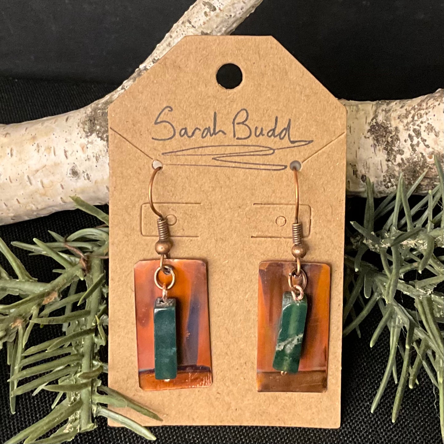 Flame Painted Copper Earrings with Long Green Stone Bead