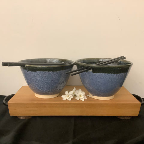 Set of Two Rice Bowls Blue w Black Rim