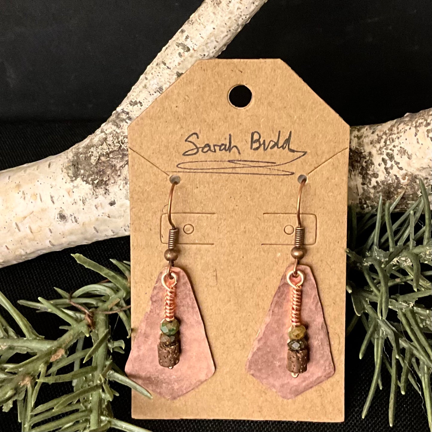 Copper Pyramid Shaped Earrings with Three Stacked Beads