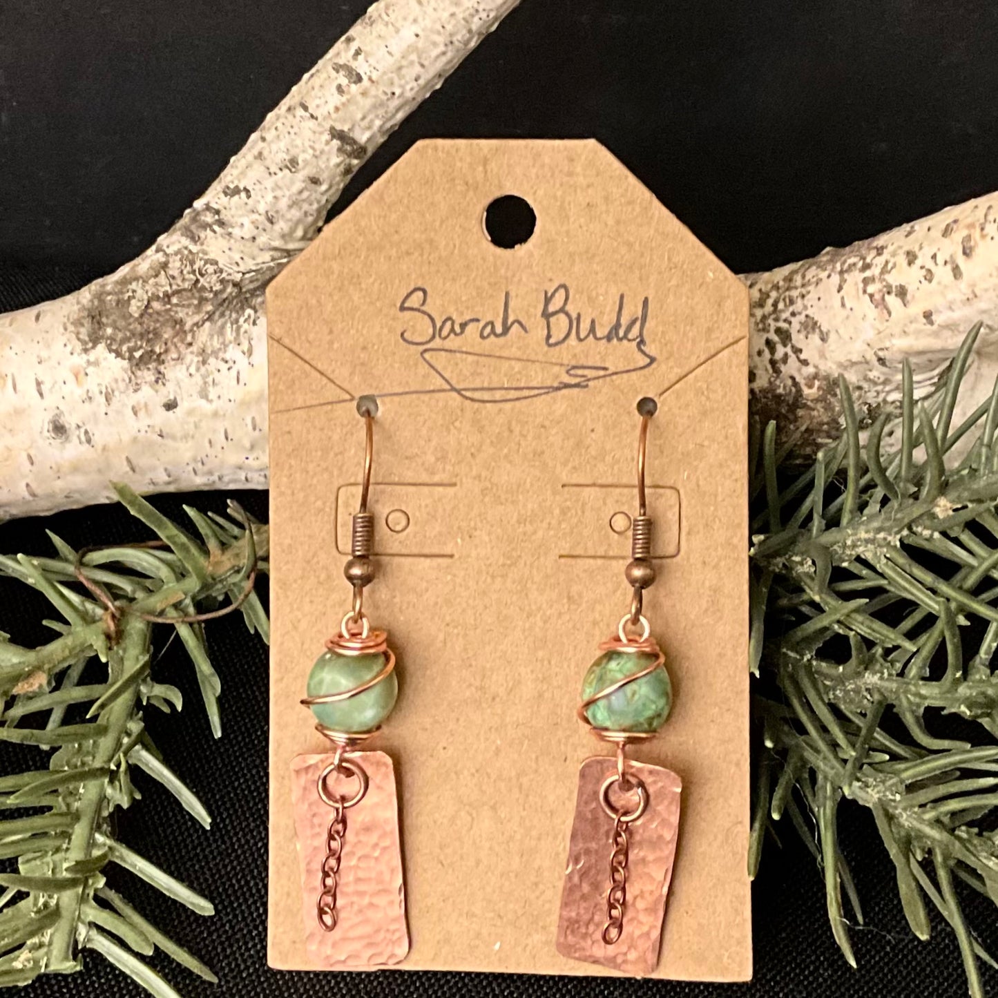 Copper Rectangle Earrings with Wired Bead and “Loops”
