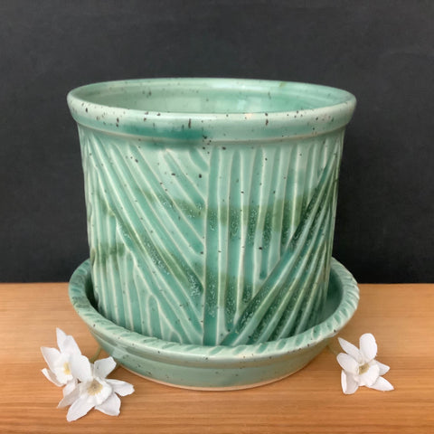 Planter in Green w Incised Pattern
