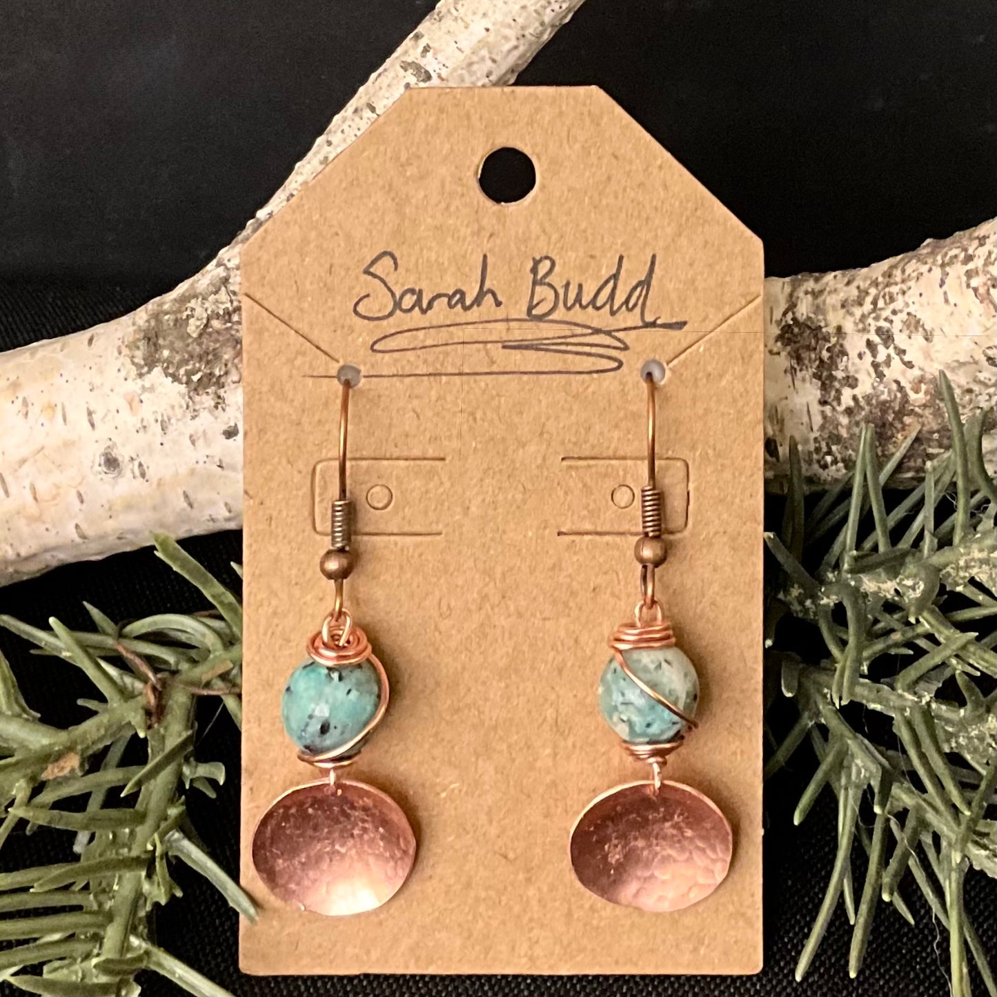 Copper Earrings with Small Disc And Wired Stone Bead