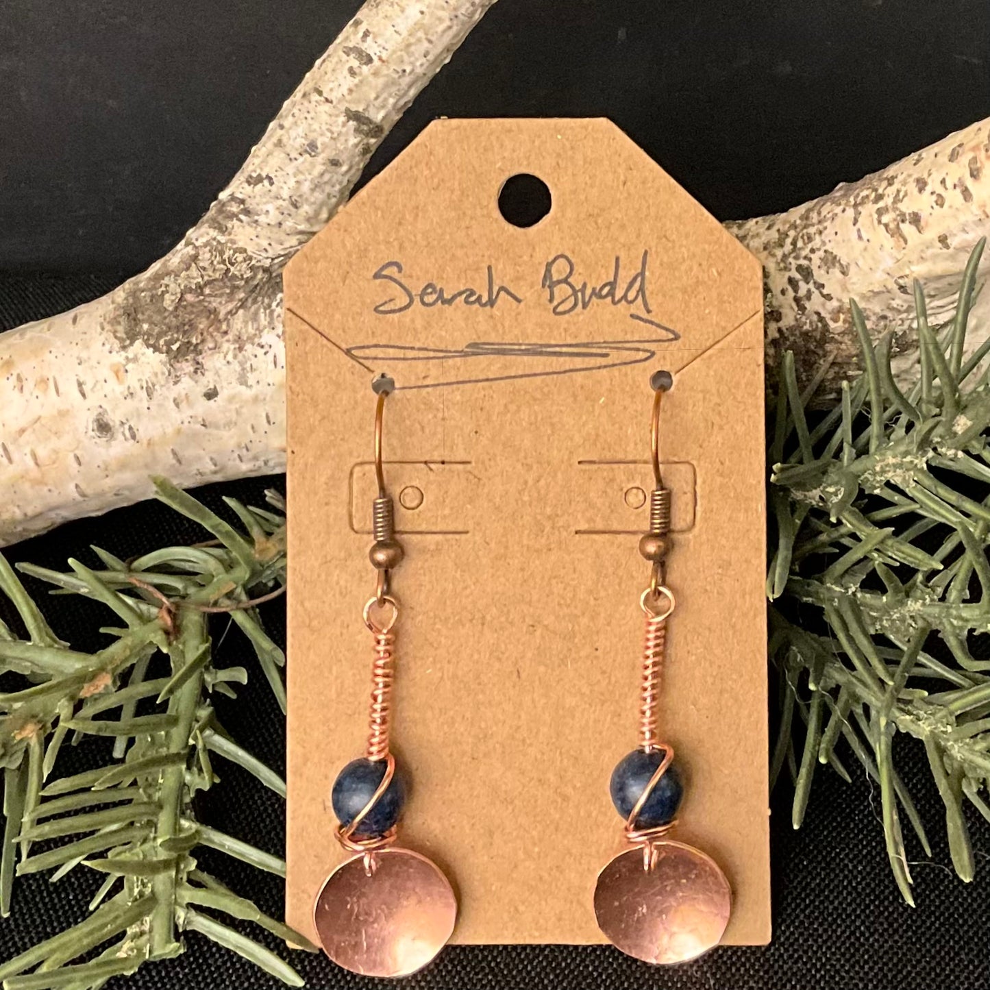 Copper Earrings with Small Disc And Wired Black Stone Bead