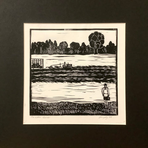 “Water Carrier” Rubber Block Print with Black Mat