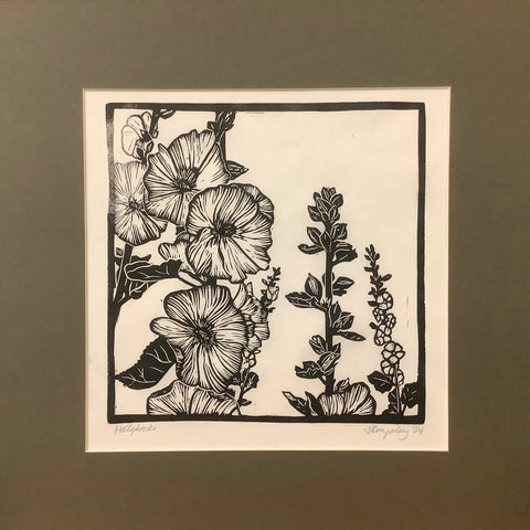 “Hollyhocks” Rubber Block Print with Charcoal Mat