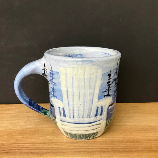 Mug with White Adirondack Chair & Evergreen Trees