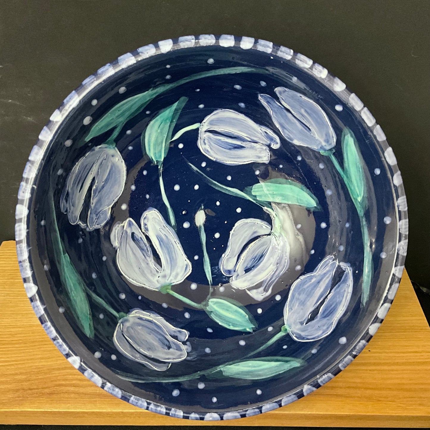 Dark Blue Bowl with Blue Tulips