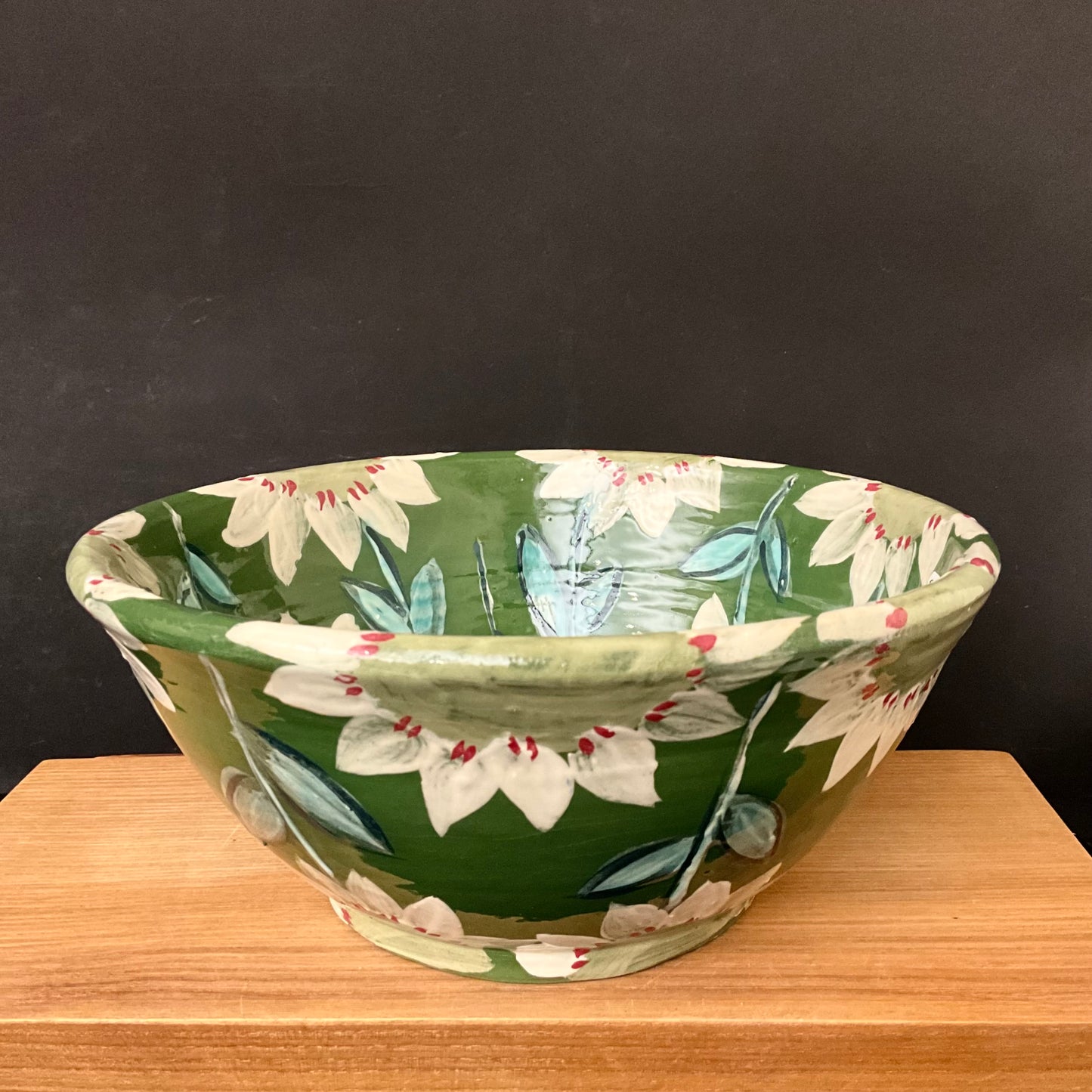 Large Green Bowl with White Flowers