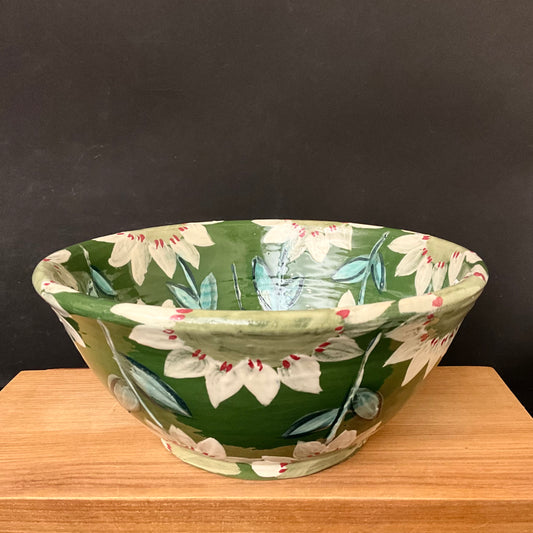 Large Green Bowl with White Flowers