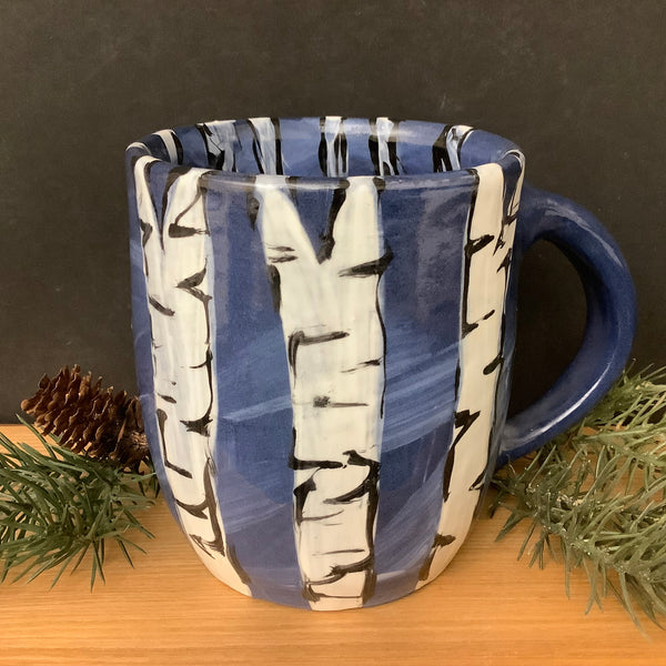 Mug with Birch Trees on Dark Blue