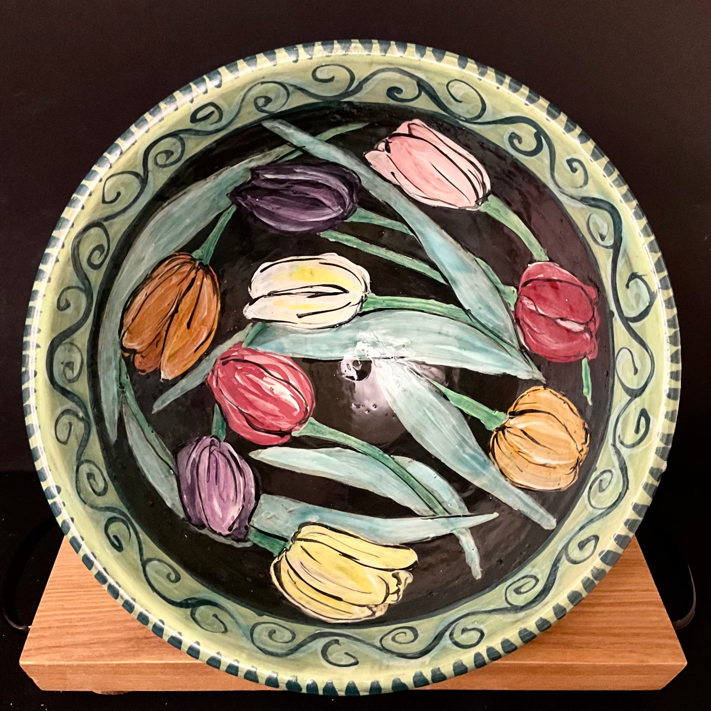 Large Black Bowl with Multi-color Tulips