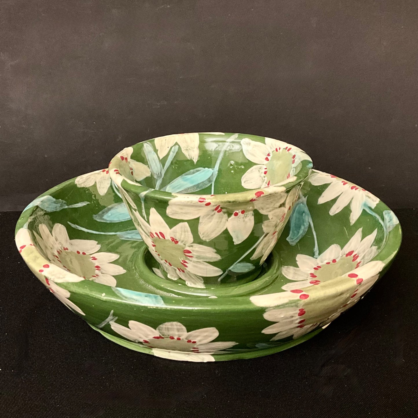 Chip and Dip Set Green with White Flowers