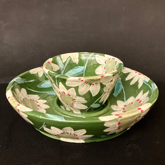 Chip and Dip Set Green with White Flowers