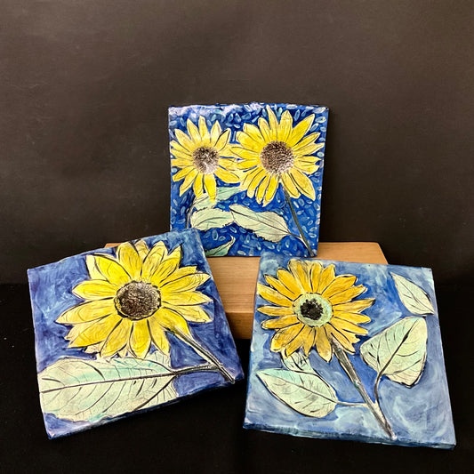 Sunflower Trivet with Blue Background