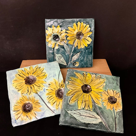 Sunflower Trivet with Background in Green Shades