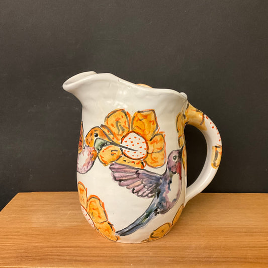 White Pitcher with Hummingbirds & Yellow Flowers