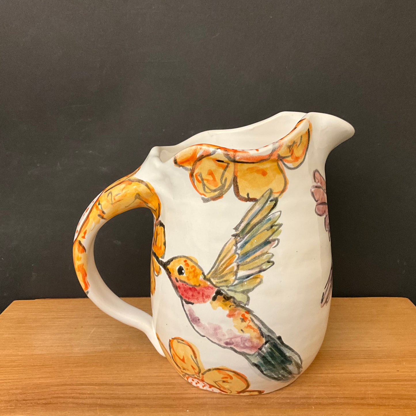 White Pitcher with Hummingbirds & Yellow Flowers